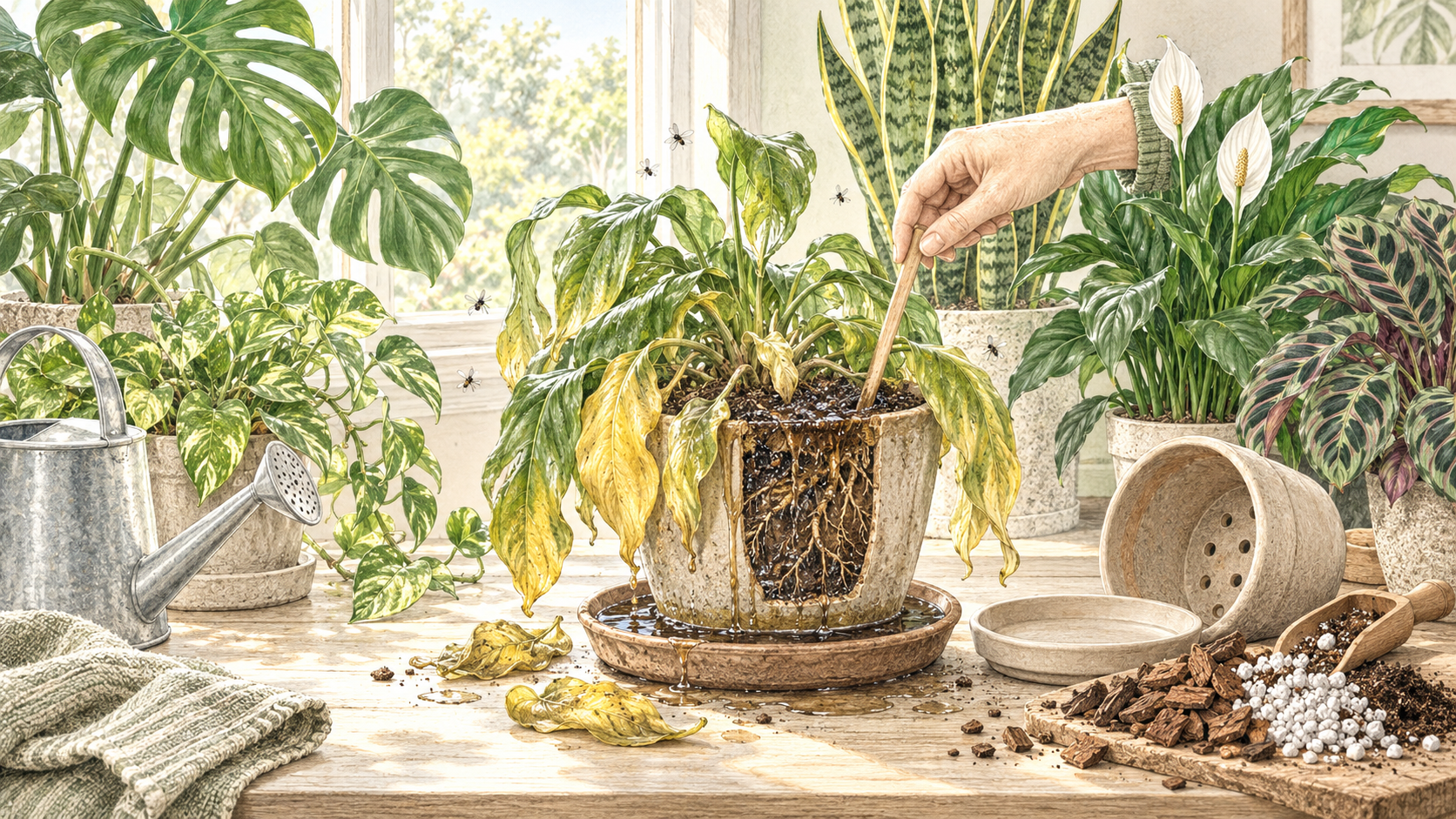Illustration of an indoor plant with yellow leaves and wet roots, surrounded by healthy houseplants, a watering can and potting materials.