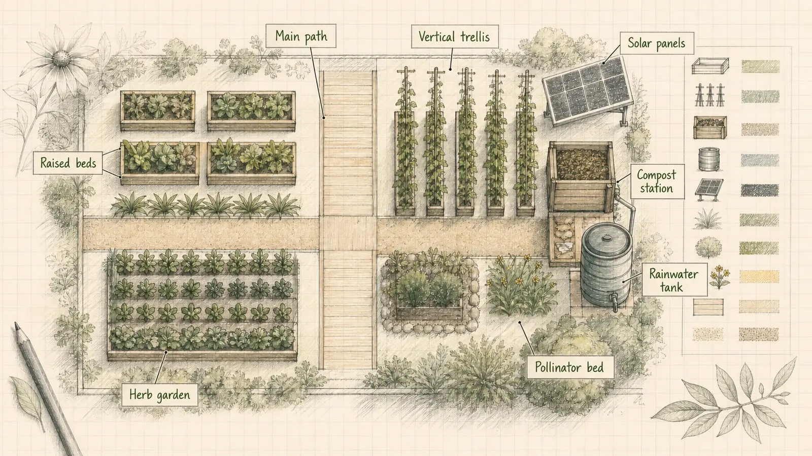 AgriTecture community garden site plan with raised beds, hydroponics, rainwater harvesting, solar power and the SAPMoRe framework.