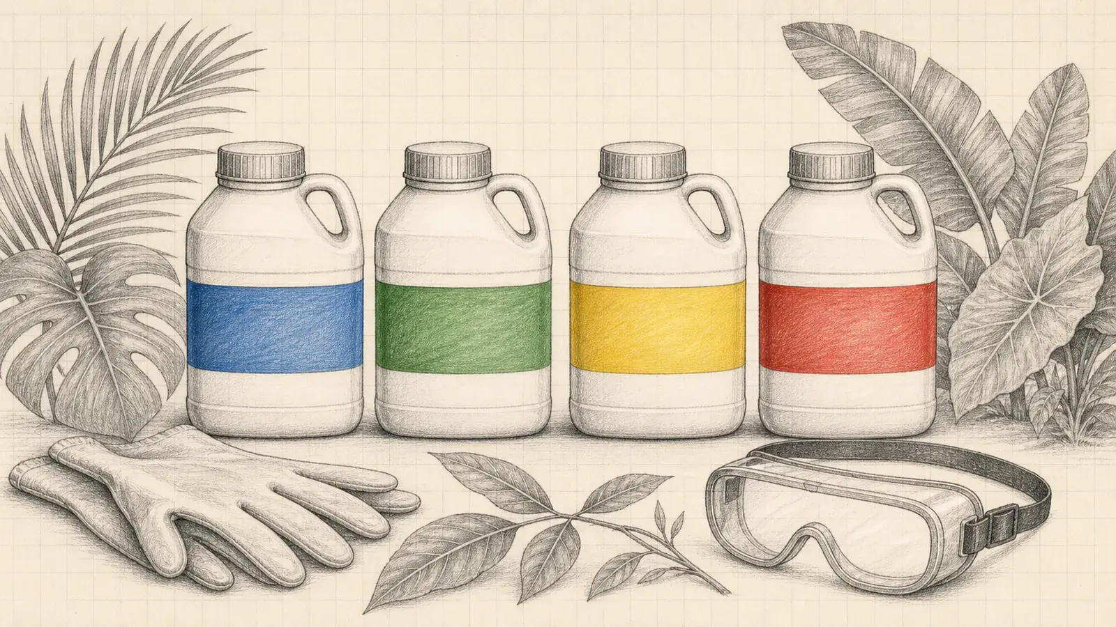 Pencil illustration of unbranded garden containers with blue, green, yellow and red safety bands.