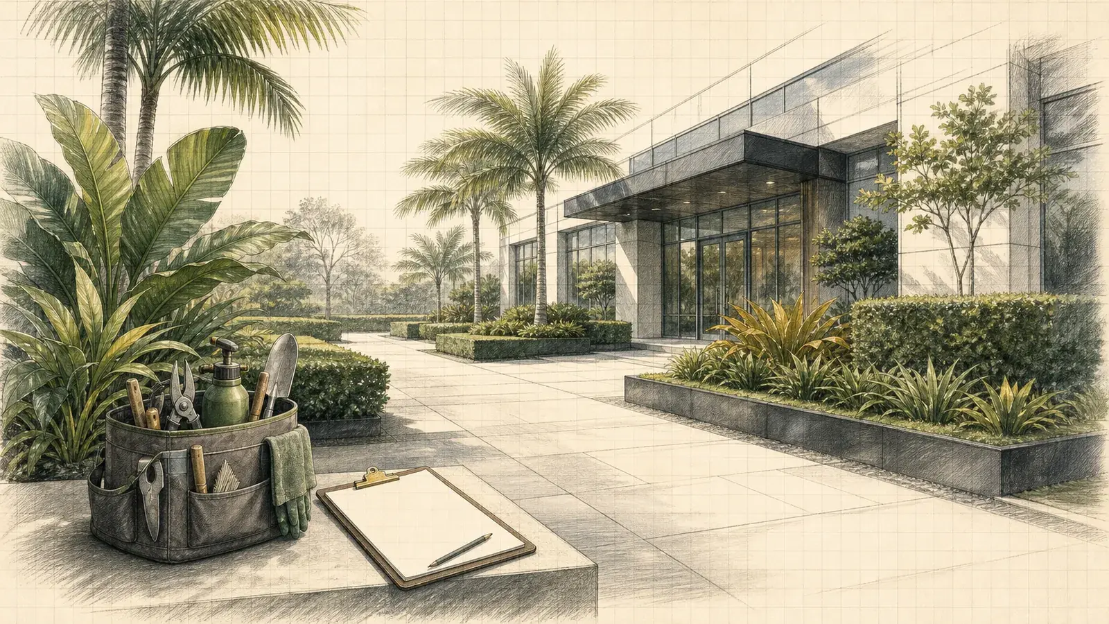 Pencil illustration of a tidy commercial landscape with clipped hedges, planters and maintenance tools.