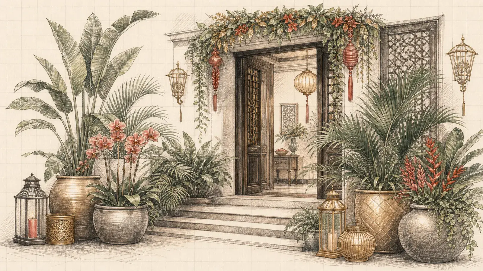 Pencil illustration of Malaysian festive plant decor at a warm home entrance.
