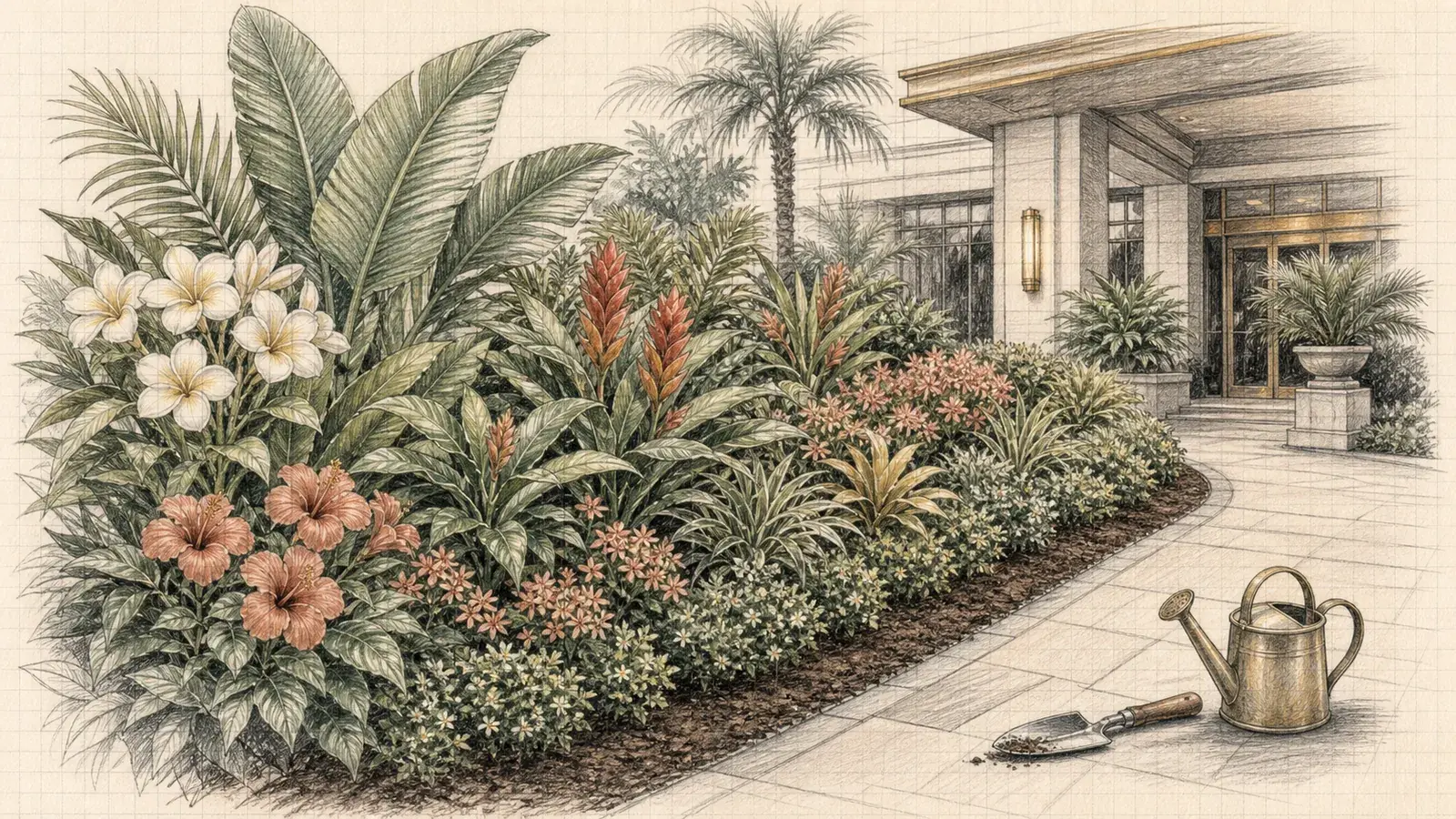 Pencil illustration of a carefully maintained tropical flower bed at a welcoming property entrance.