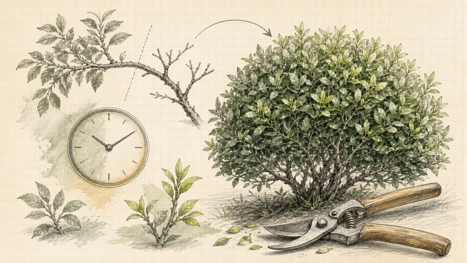 Pencil illustration of a shrub before and after careful trimming with pruning shears.