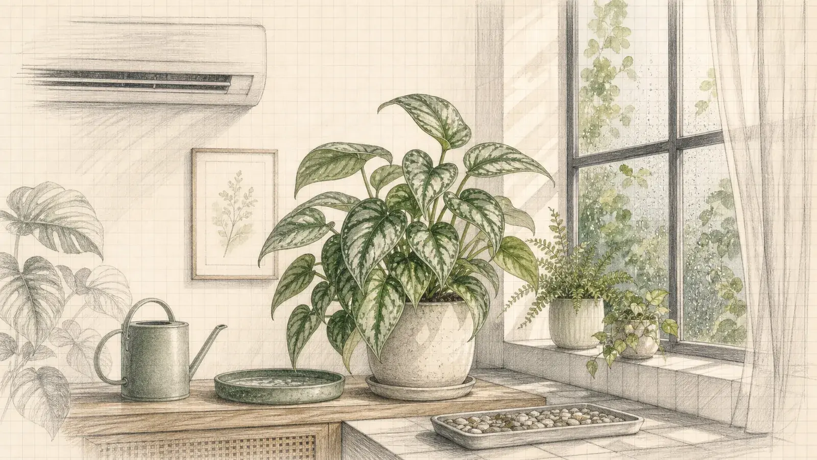 Pencil illustration of healthy houseplants in a Malaysian home with filtered window light and air conditioning.
