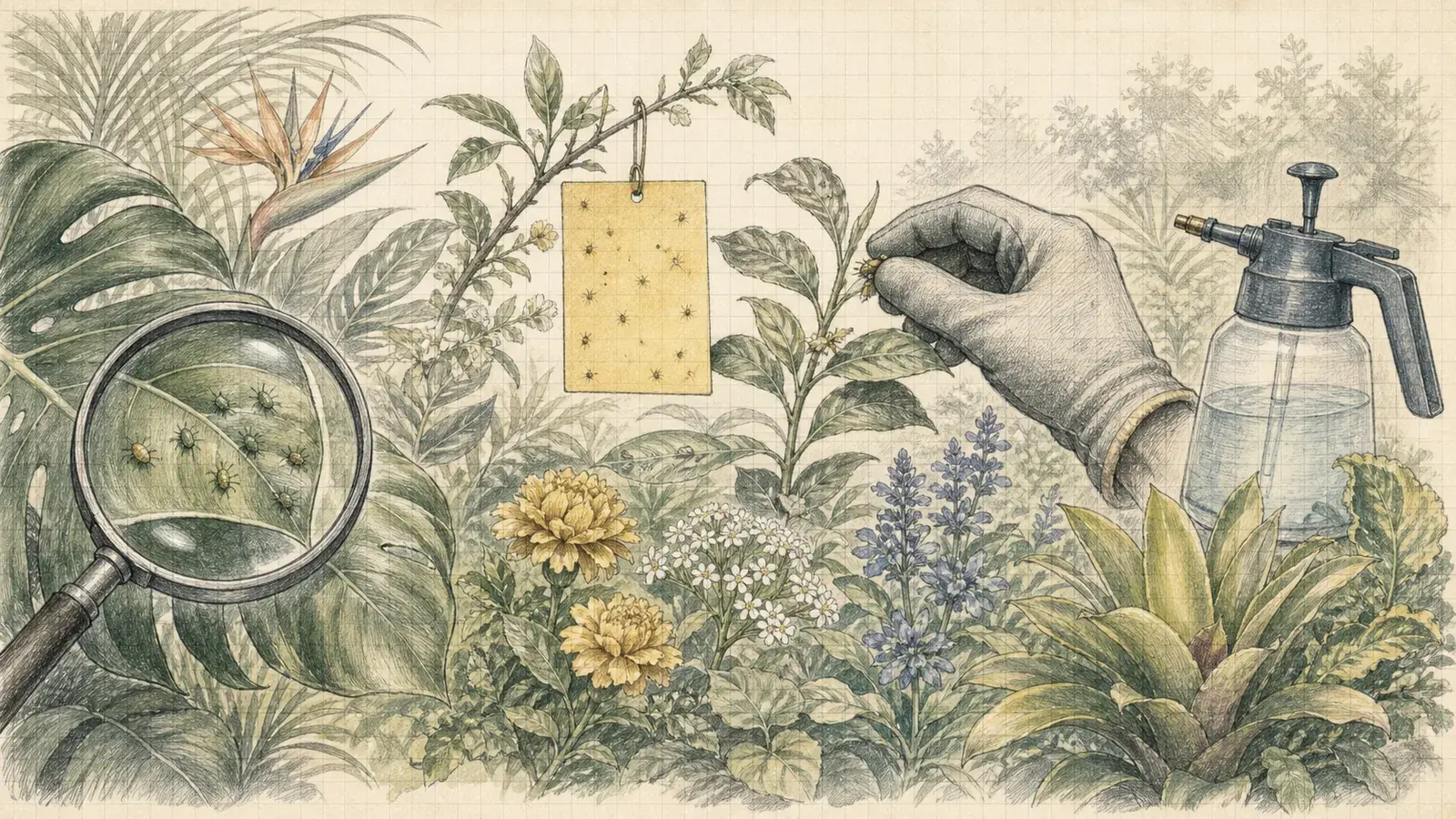 Pencil illustration of an inspect-first integrated pest management approach in a tropical garden.