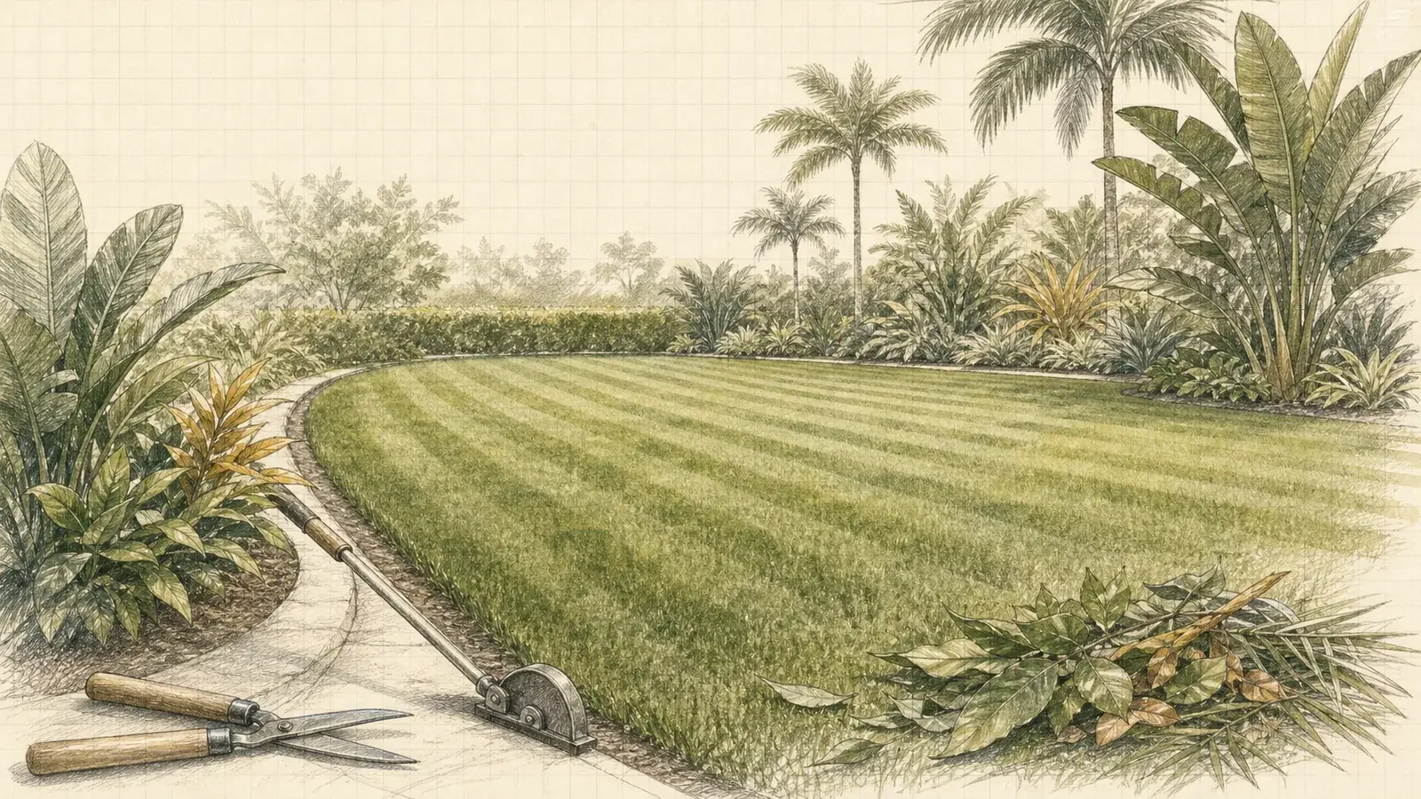 Pencil illustration of a freshly maintained tropical lawn with crisp edges and garden tools.