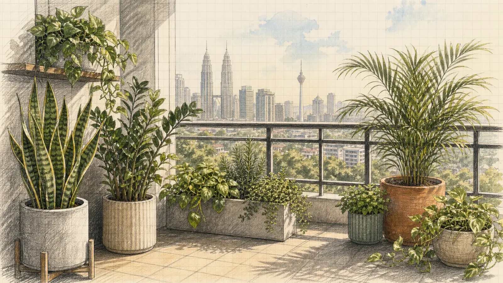 Pencil illustration of hardy low-maintenance plants arranged on a Kuala Lumpur balcony.