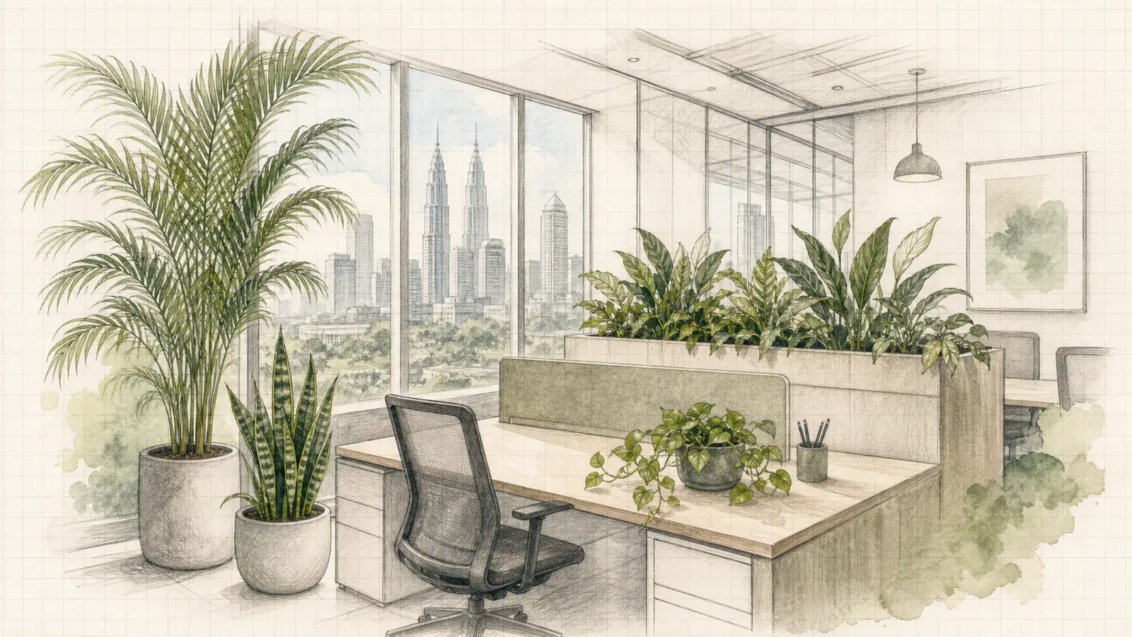Pencil illustration of a Kuala Lumpur workspace with thoughtfully placed indoor plants.