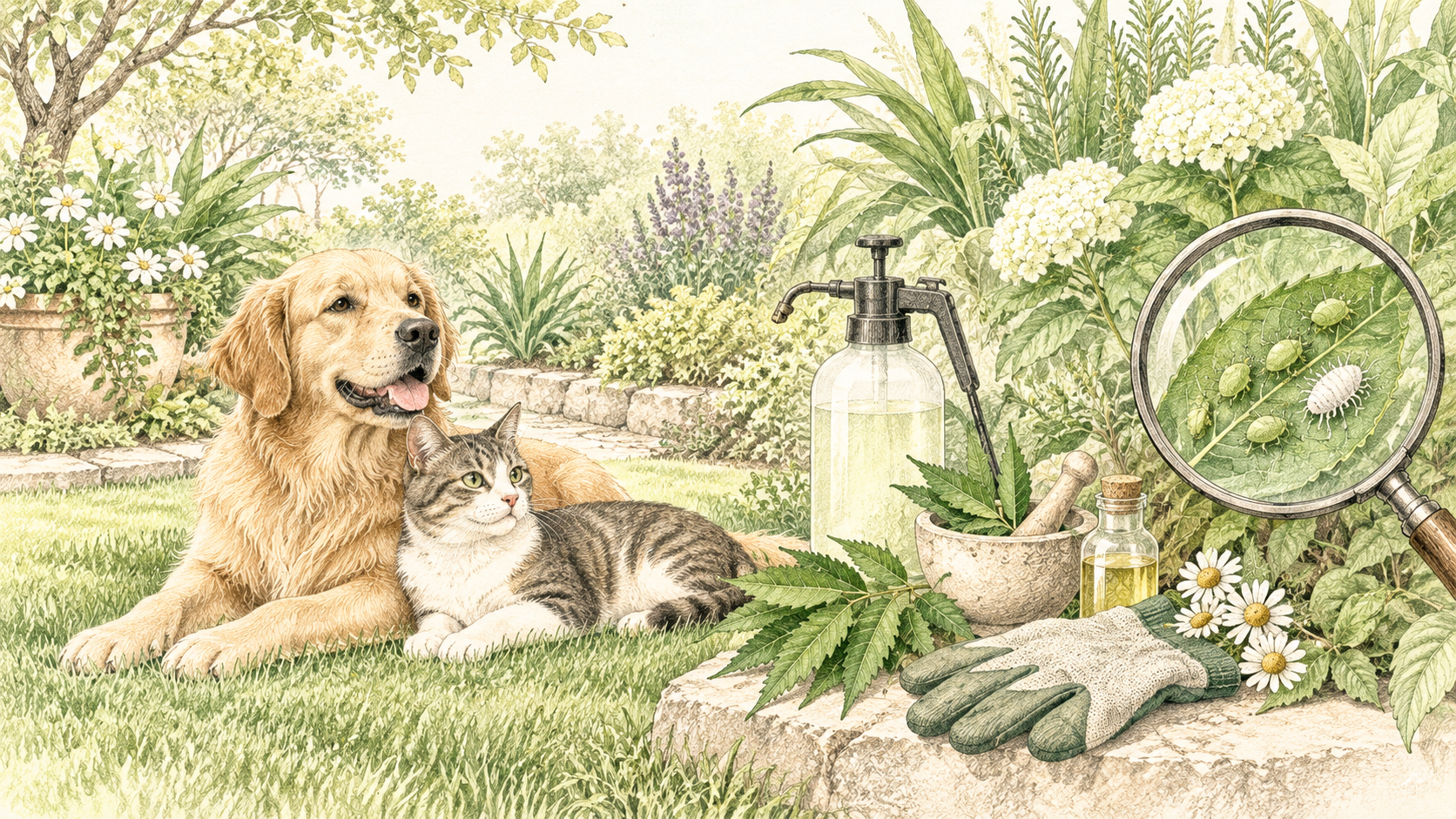 Illustration of a dog and cat relaxing in a garden beside a hand sprayer, natural pest-control materials and a leaf-pest inspection.