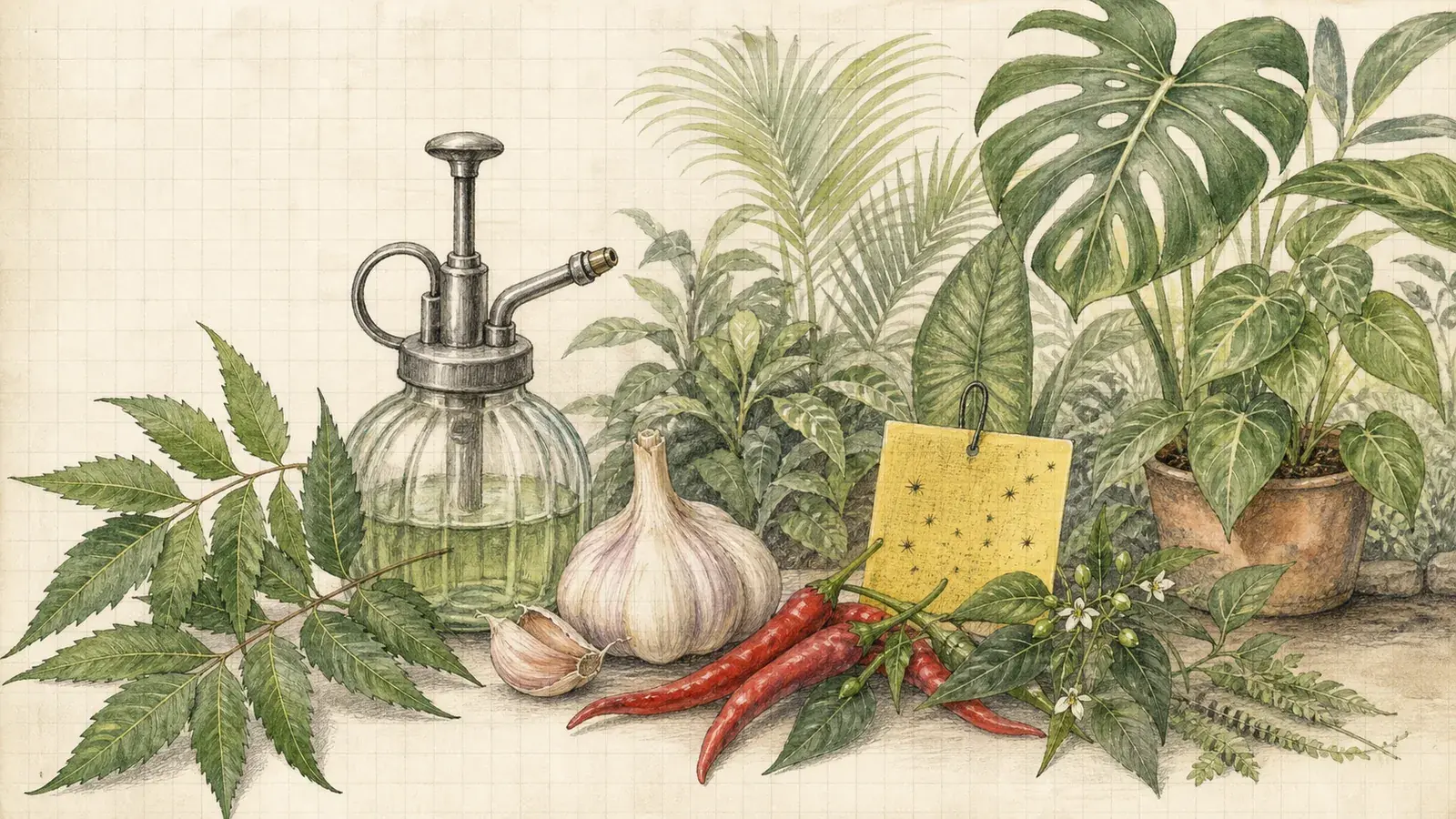 Pencil illustration of organic garden care materials including neem, garlic, chili and a hand mister.