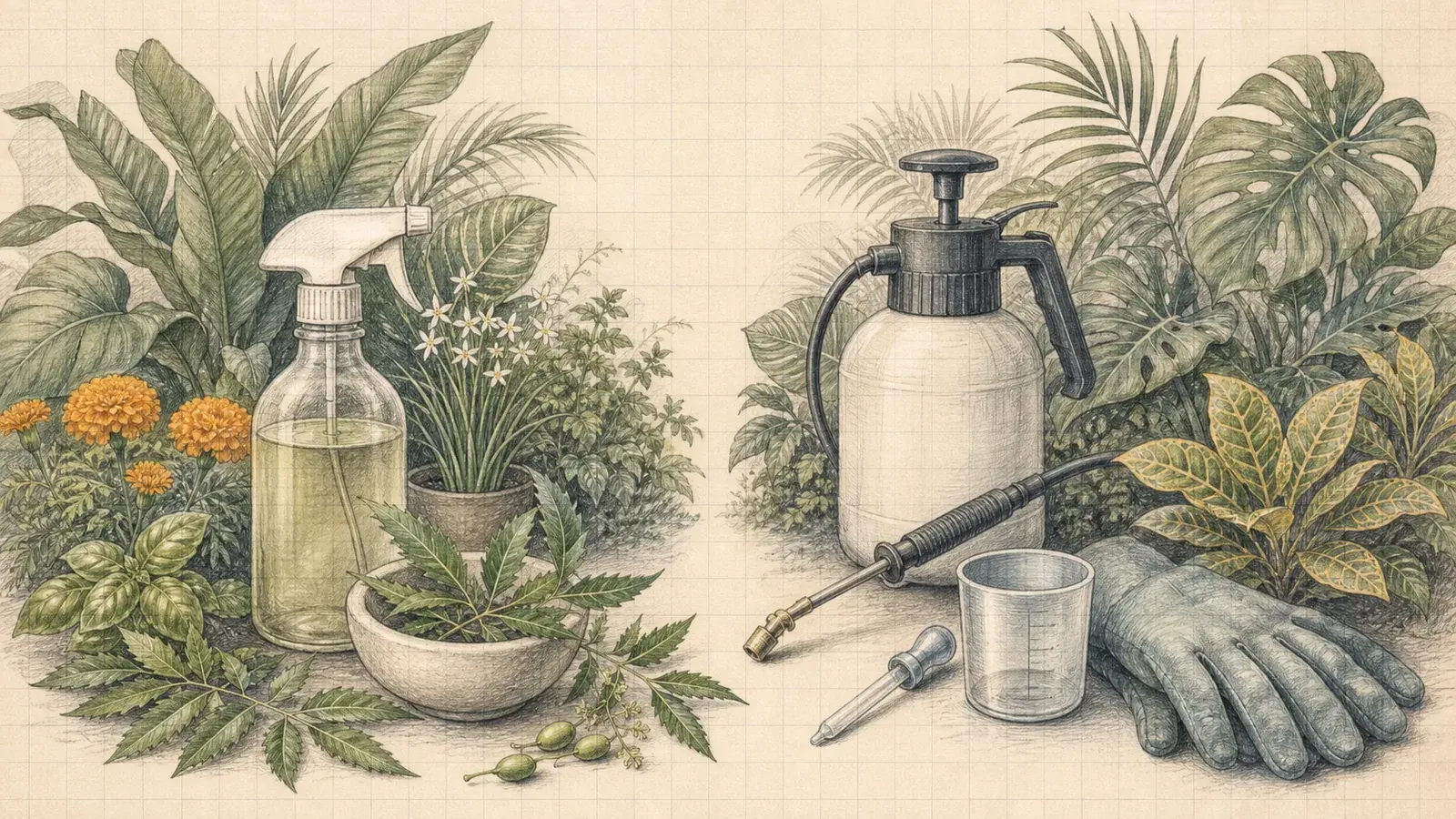 Pencil illustration comparing natural garden care materials and a measured unbranded sprayer.