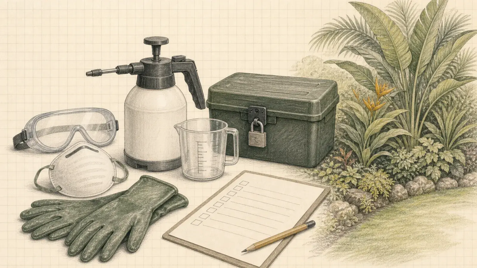 Pencil illustration of a property-owner pesticide safety kit with protective equipment and locked storage.