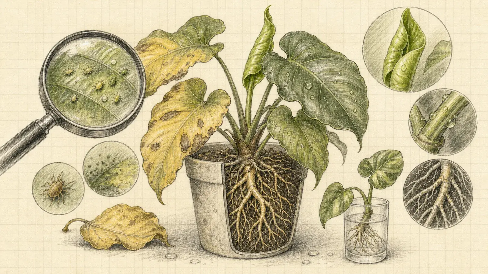 Botanical pencil illustration of a tropical plant recovering from yellow leaves, pests and weak roots.