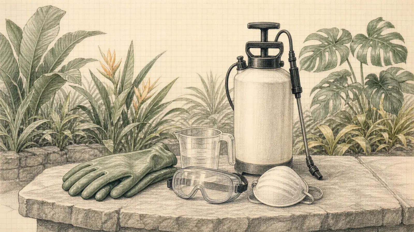 Pencil illustration of responsible garden treatment equipment with gloves, goggles, mask and a closed sprayer.