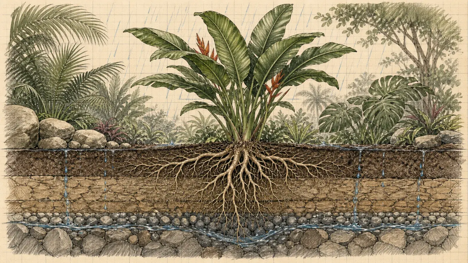 Pencil cross-section of tropical plant roots, topsoil, subsoil and a drainage layer.
