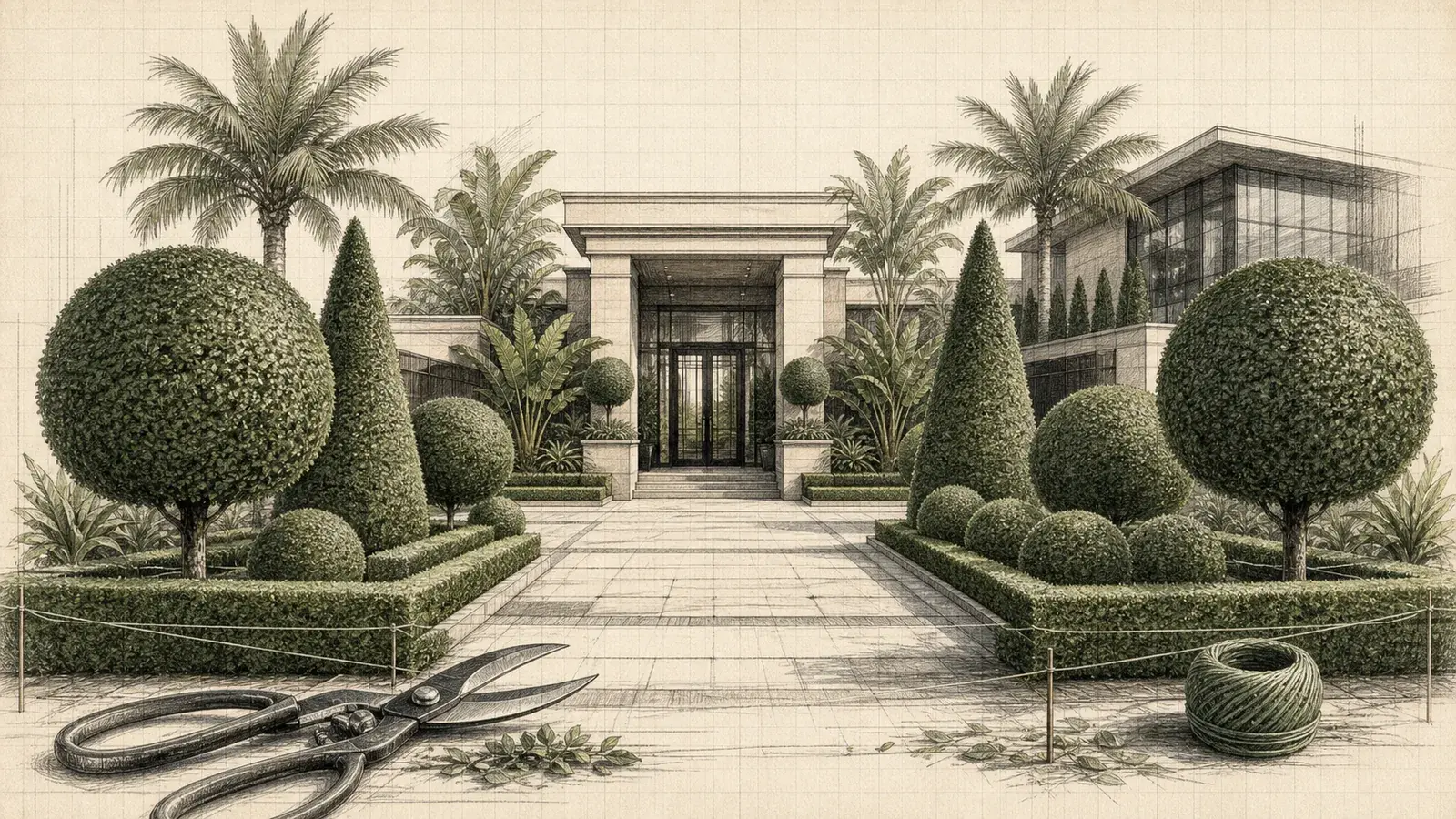 Pencil illustration of precisely shaped tropical topiary at a premium property frontage.