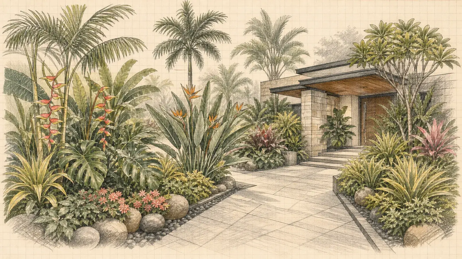 Pencil illustration of layered tropical plants for a Selangor front yard.