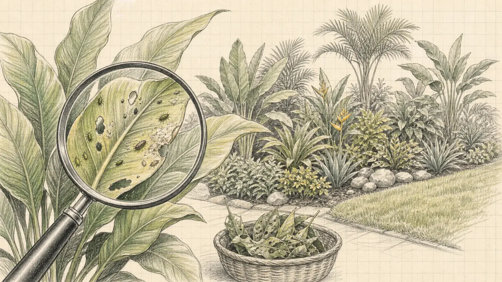 Pencil illustration of leaf-pest inspection in a maintained tropical landscape.